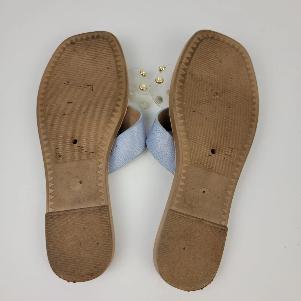 Jessica Carlyle Womens 8W Blue Faux Croc Pearl Clear Strap Slide Sandals